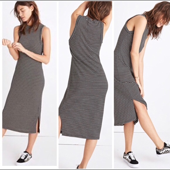 Madewell Dresses & Skirts - Madewell Mock Neck Striped Midi Dress Black White